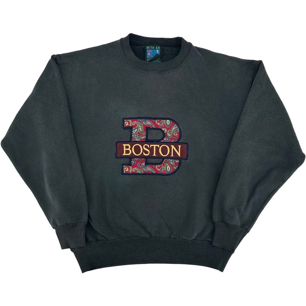 VTG 80s 90s Women's Grey Paisley Embroidered Boston State Crewneck Sweatshirt~L
